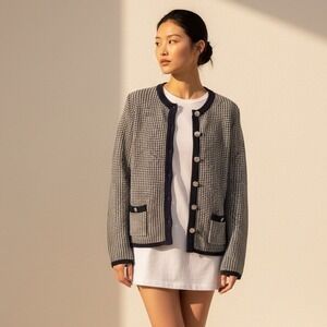 Banana Republic Navy White Textured Knit Button Front Cardigan Sweater Womens M